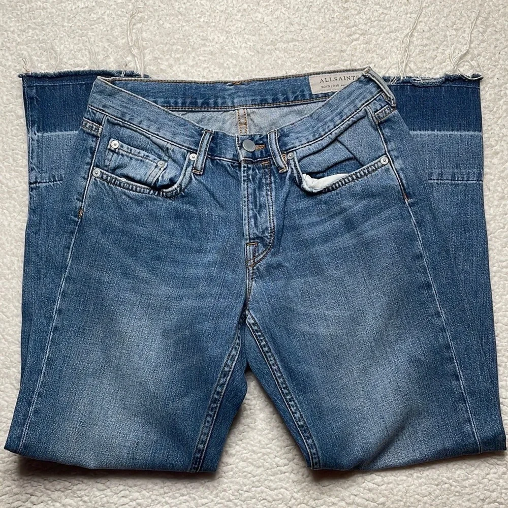 ALL SAINTS DENIM Boys Frayed Ty Jean in Mid Indigo size 25 Button Fly